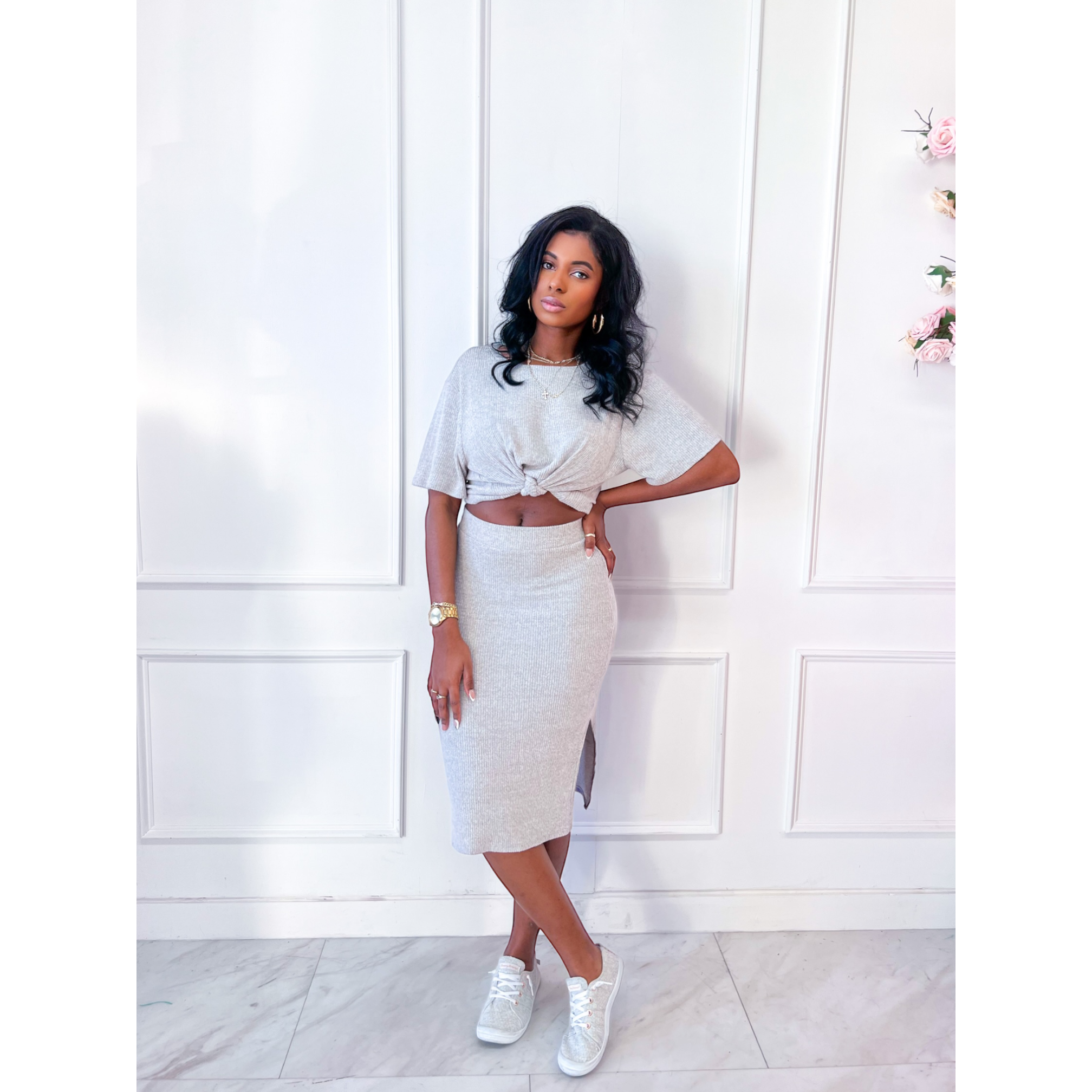 White pencil skirt sales and crop top set